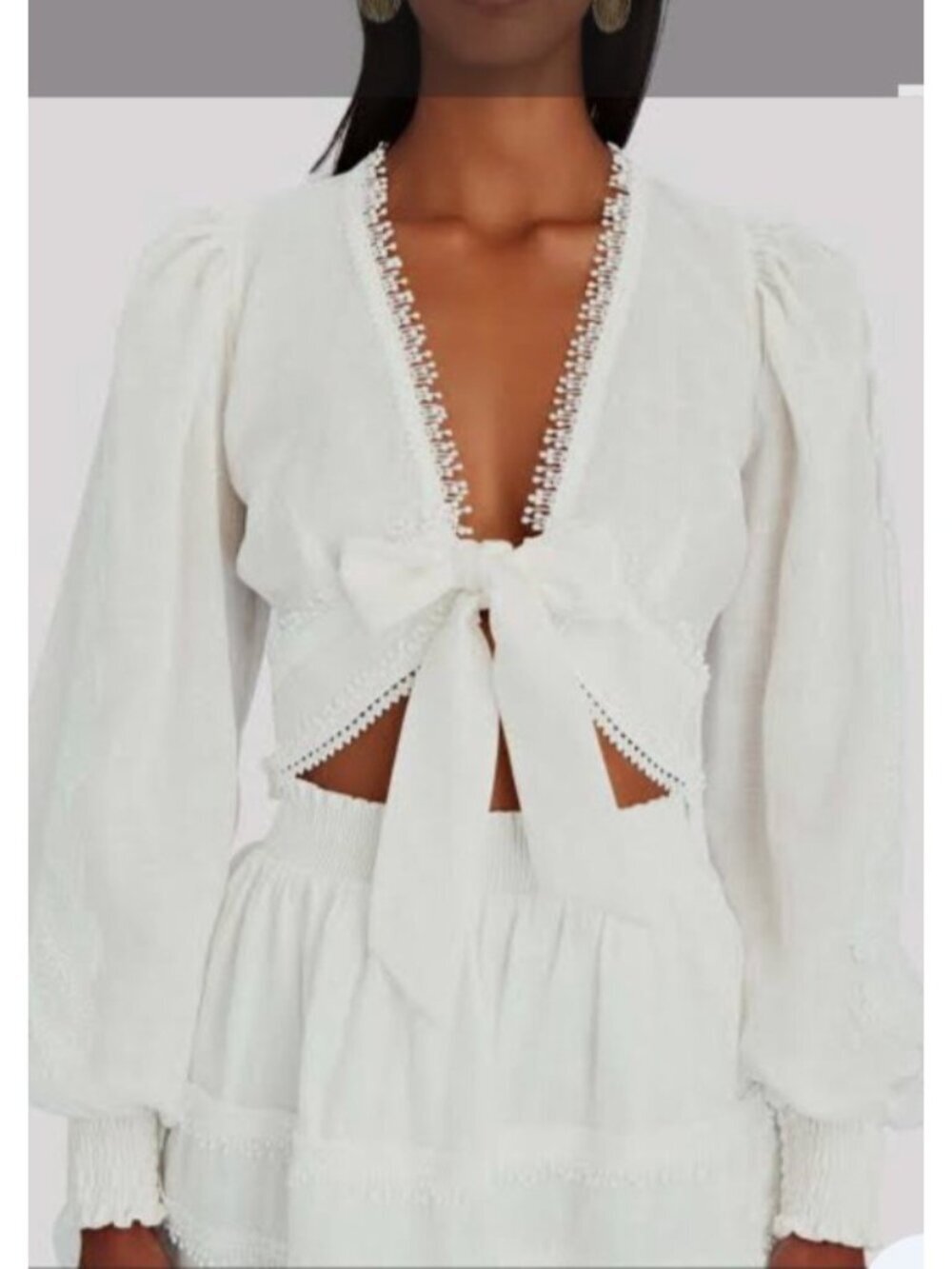 Waimari Women Cropped V-Neck Tie Front White Long Sleeve Blouse Size L - Picture 2 of 12